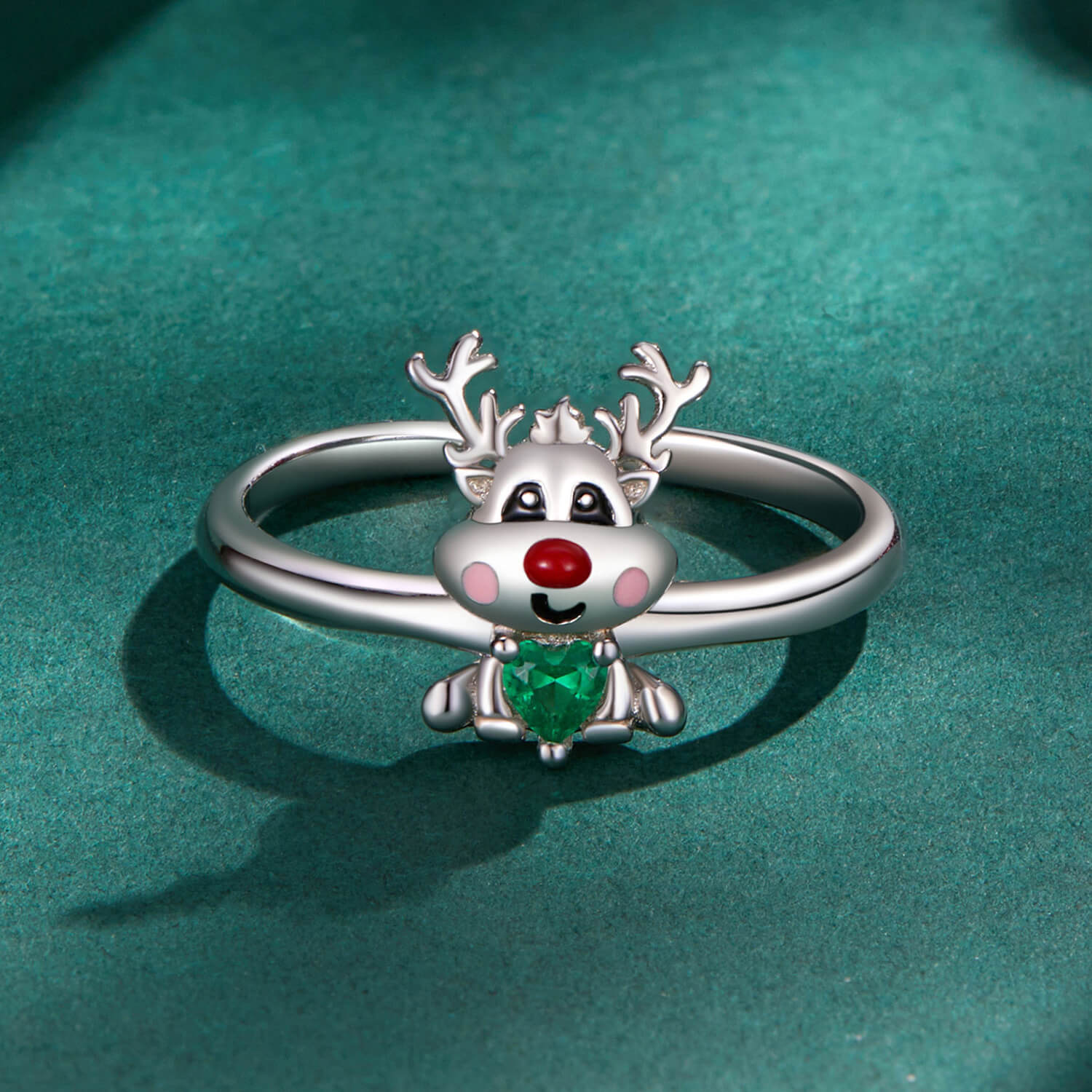 Christmas Reindeer Zircon Enamel Ring in Sterling Silver front