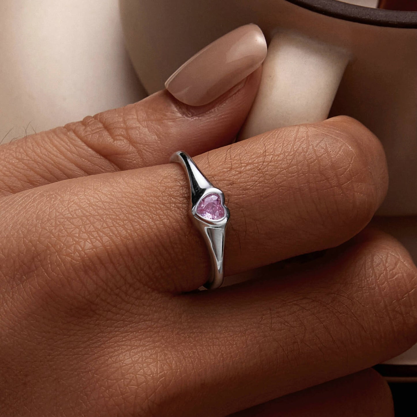 Heart Signet Pink Zircon Ring in Sterling Silver model