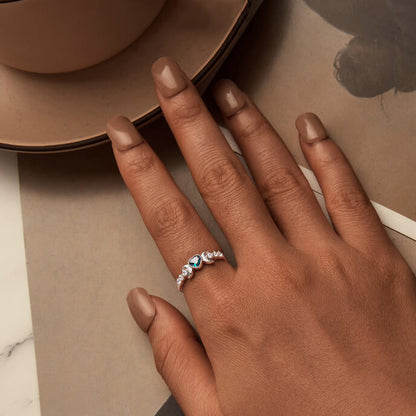 Blue Heart Crescent Moon Ring in Sterling Silver - model wearing