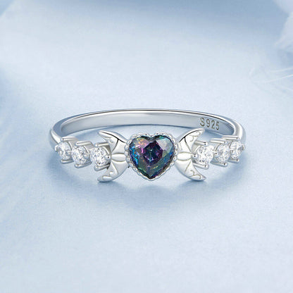 Blue Heart Crescent Moon Ring in Sterling Silver - front