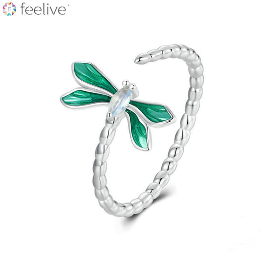 Green Dragonfly Enamel Opal Ring in Sterling Silver  - Feelive