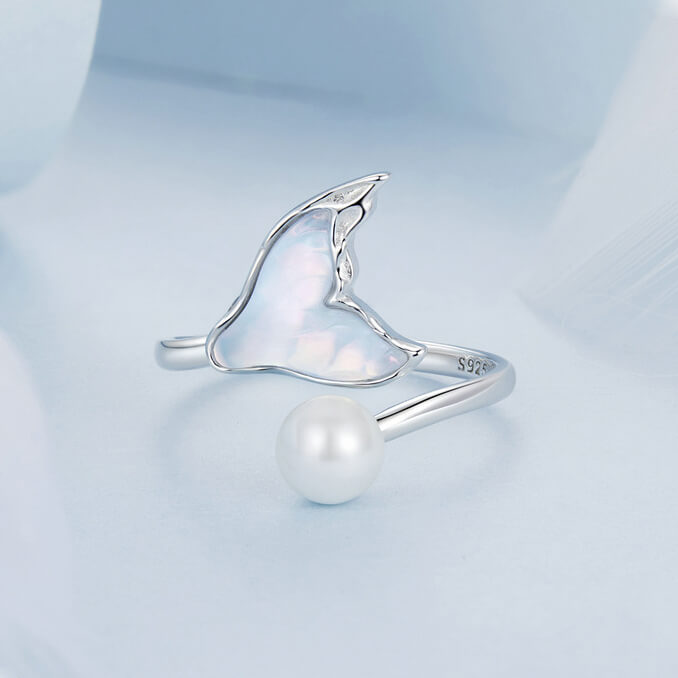 Elegant Mermaid Fishtail Pearl Open Ring in Sterling Silver - front