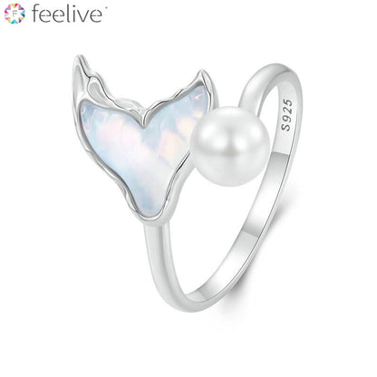 Elegant Mermaid Fishtail Pearl Open Ring in Sterling Silver - Feelive