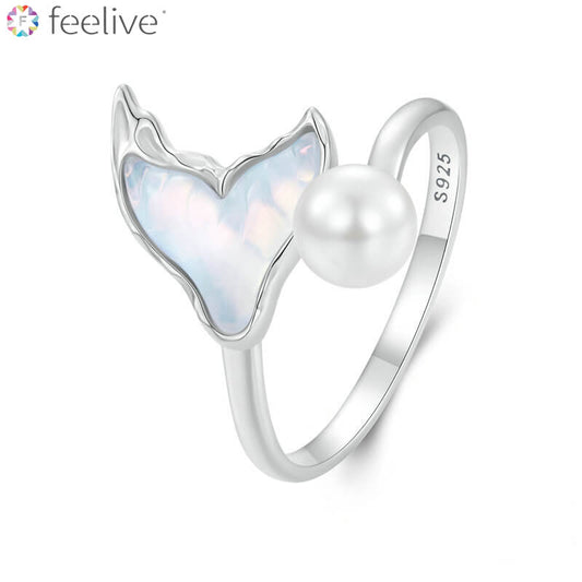 Elegant Mermaid Fishtail Pearl Open Ring in Sterling Silver - Feelive