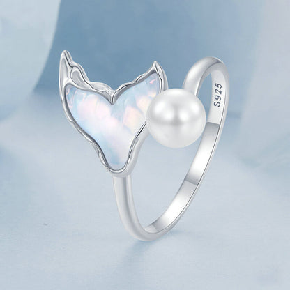 Elegant Mermaid Fishtail Pearl Open Ring in Sterling Silver - stand