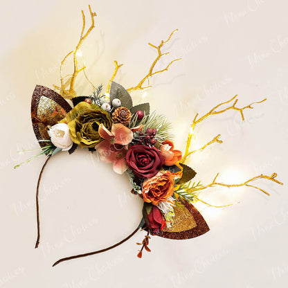 FEELIVE Glowing Simulated Reindeer Antler Sunset Color Bouquet Headband【Free Gift Box】