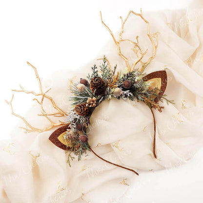 FEELIVE Glowing Simulated Reindeer Antler Pine Cones Headband【Free Gift Box】