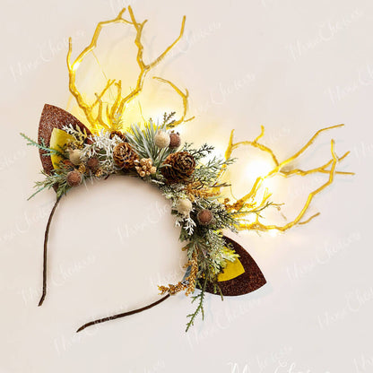 FEELIVE Glowing Simulated Reindeer Antler Pine Cones Headband【Free Gift Box】