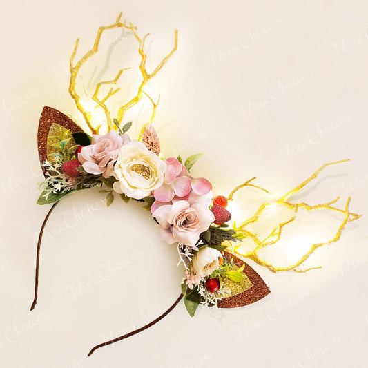 FEELIVE Glowing Simulated Reindeer Antler Burgundy Spring Headband【Free Gift Box】