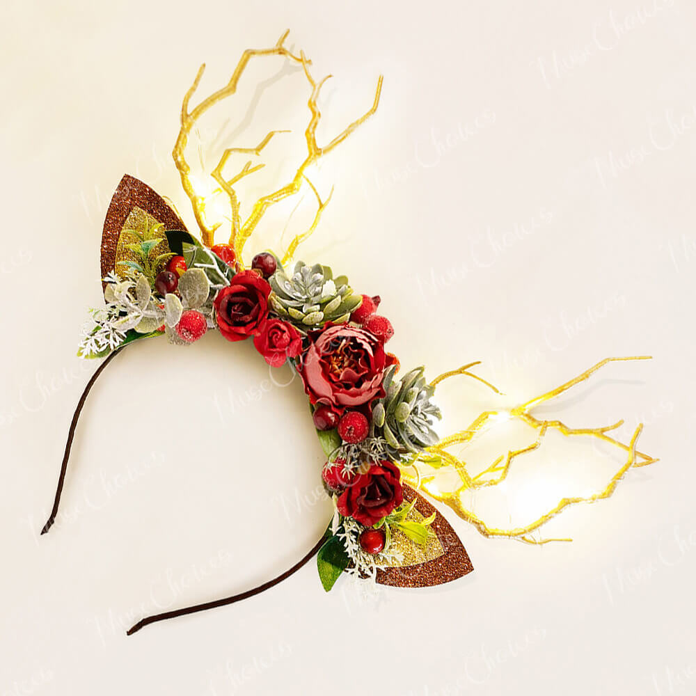 FEELIVE Glowing Simulated Reindeer Antler Forest Rose Headband【Free Gift Box】