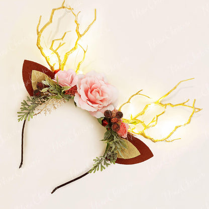 FEELIVE Glowing Simulated Reindeer Antler Pink Forest Headband【Free Gift Box】