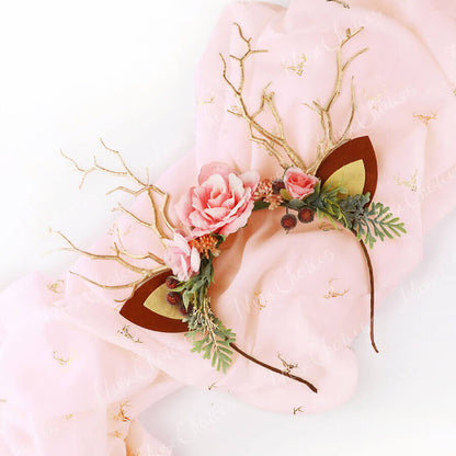 FEELIVE Glowing Simulated Reindeer Antler Pink Forest Headband【Free Gift Box】