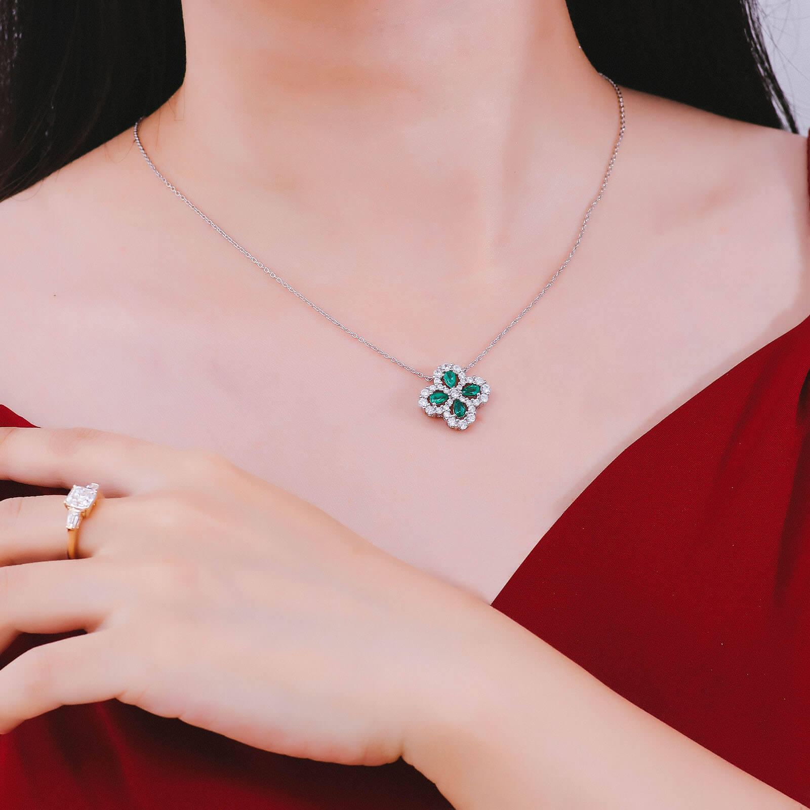 Lucky Clover Lab Created Emerald Necklace in Sterling Silver model