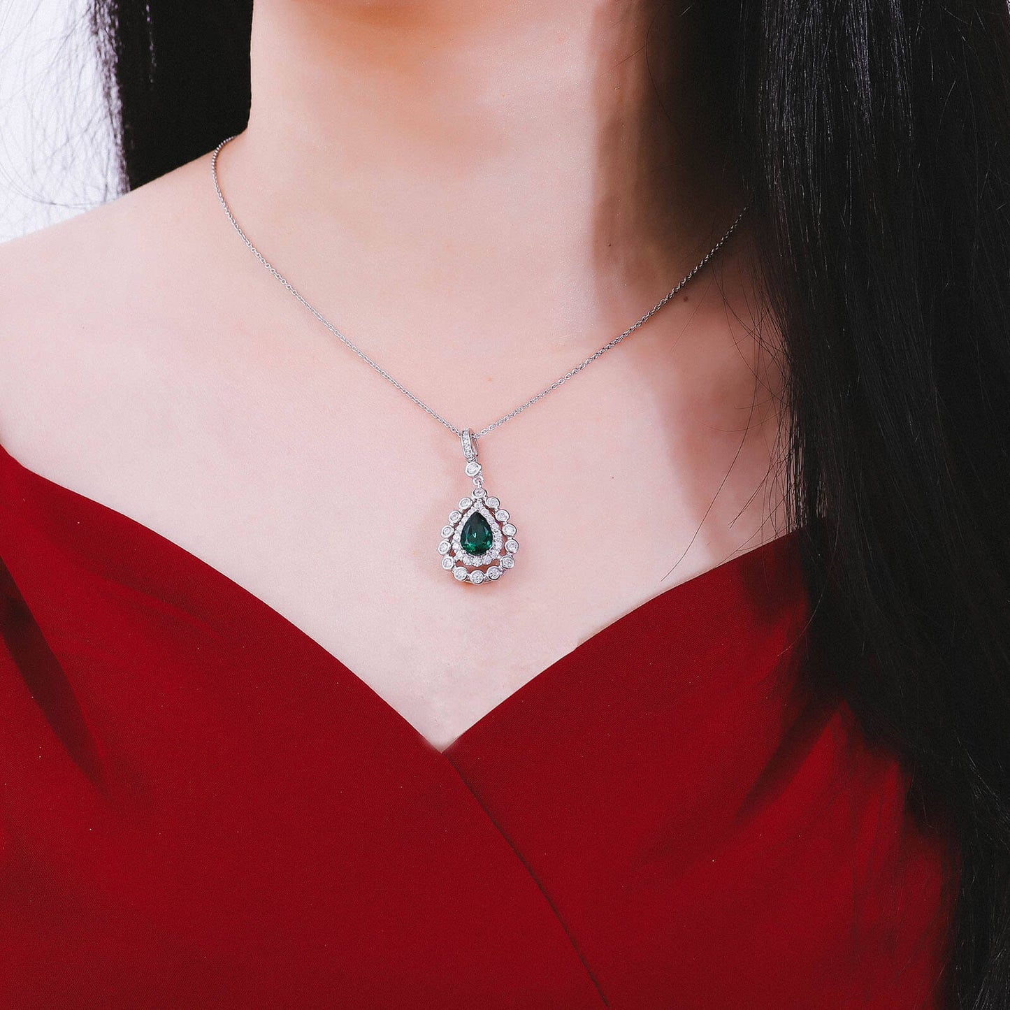 Lace Pear Lab Created Emerald Necklace in Sterling Silver model