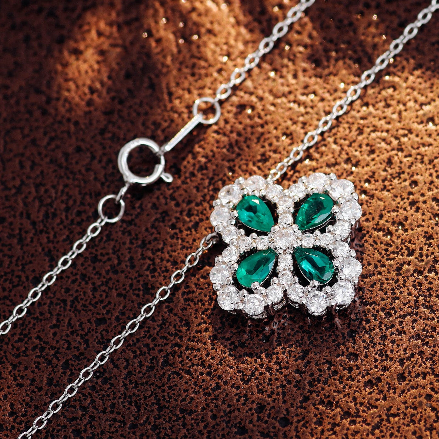 Lucky Clover Lab Created Emerald Necklace in Sterling Silver pendant