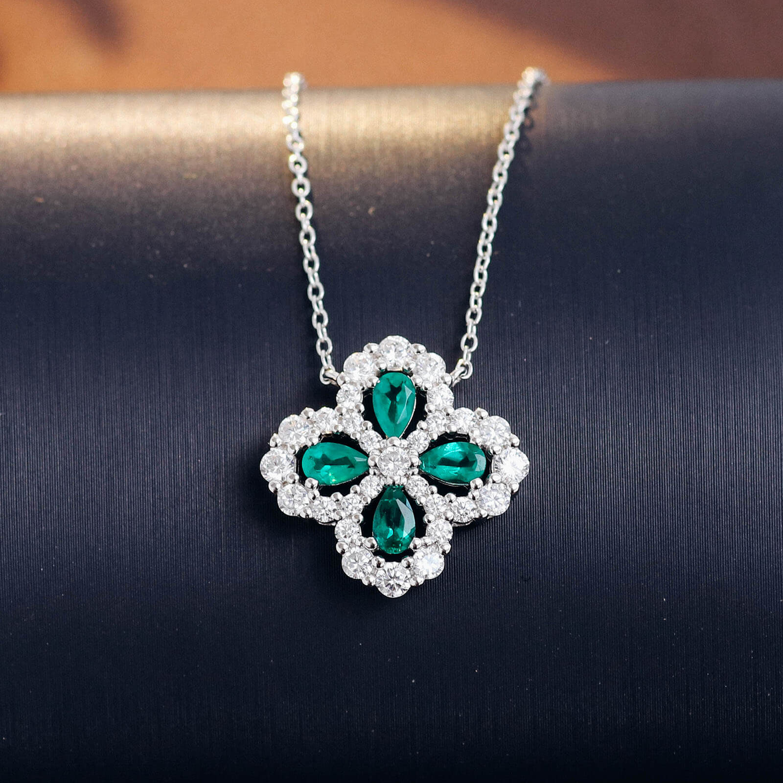 Lucky Clover Lab Created Emerald Necklace in Sterling Silver front