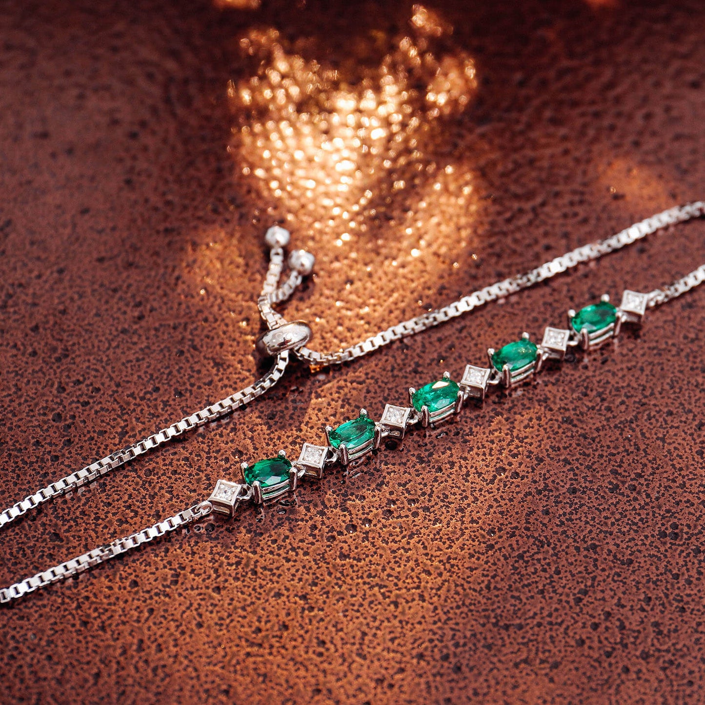 FEELIVE Oval and Rhombus Lab Created Emerald Silver Bracelet (0.9 ct Oval Moissanite)