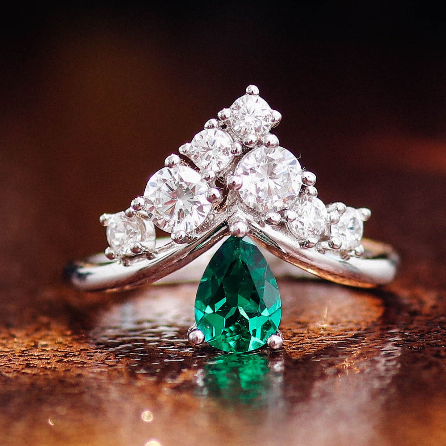 Crown Drop Lab Create Emerald Ring in Sterling Silver front