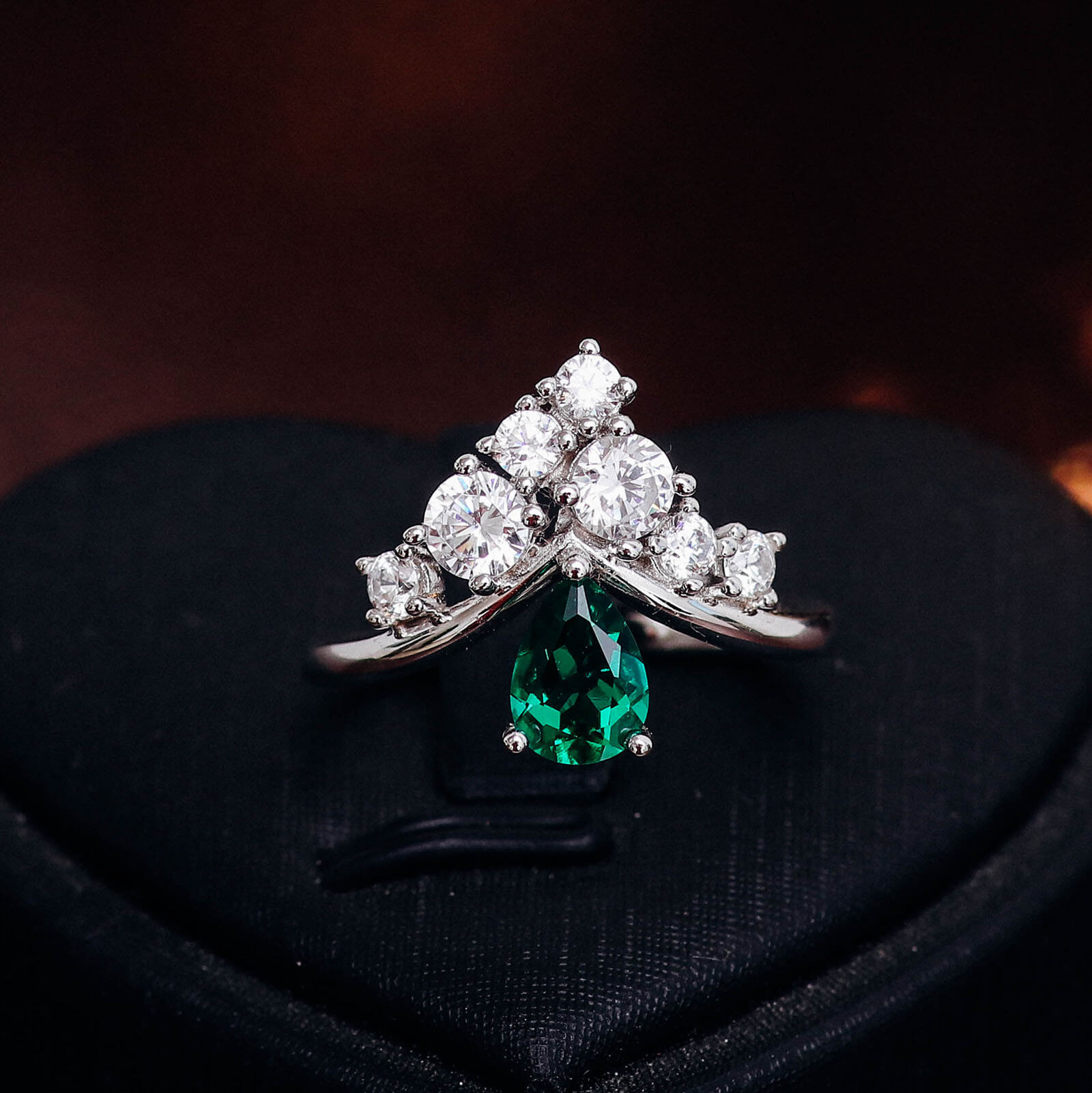 Crown Drop Lab Create Emerald Ring in Sterling Silver front