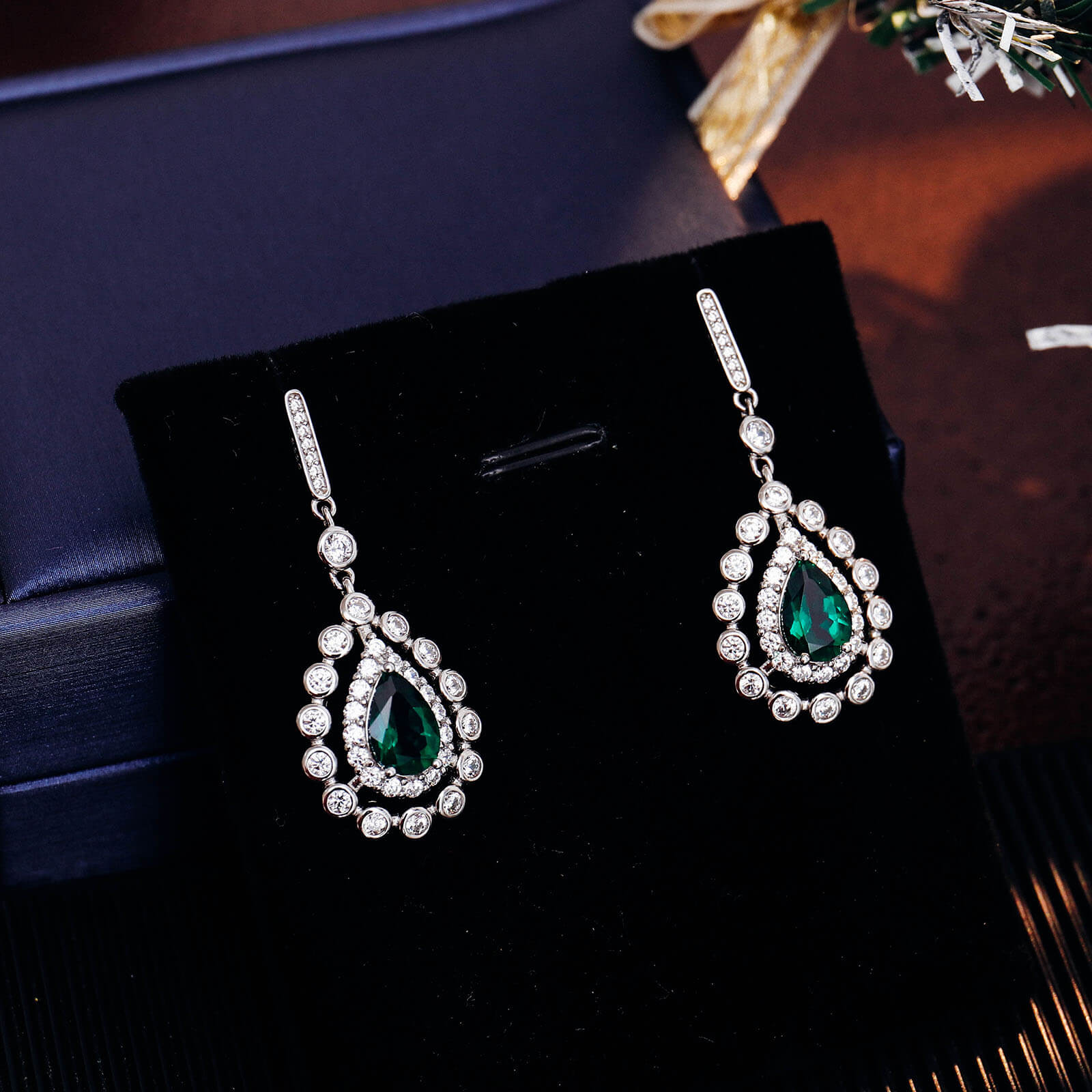 Lace Water Drop Lab Create Emerald Earrings in Sterling Silver 