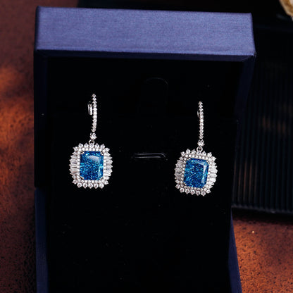 Luxury Blue Radiant Lab Created Gem Earrings in Sterling Silver 