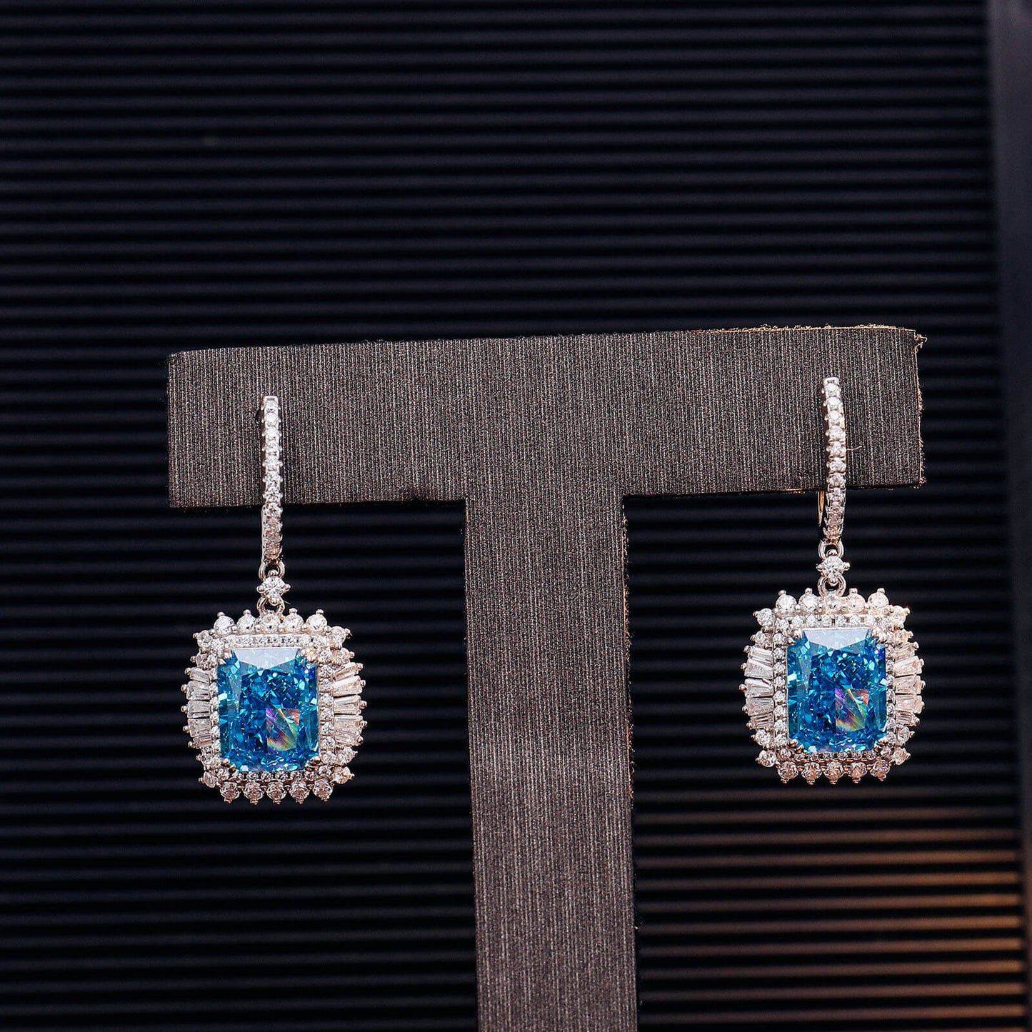 Luxury Blue Radiant Lab Created Gem Earrings in Sterling Silver