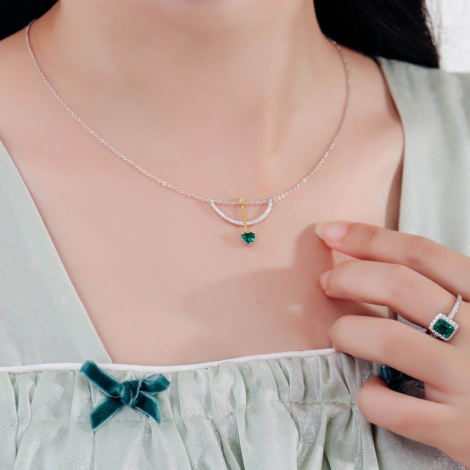 Cupid's Arrow Lab Create Emerald Necklace in Sterling Silver model