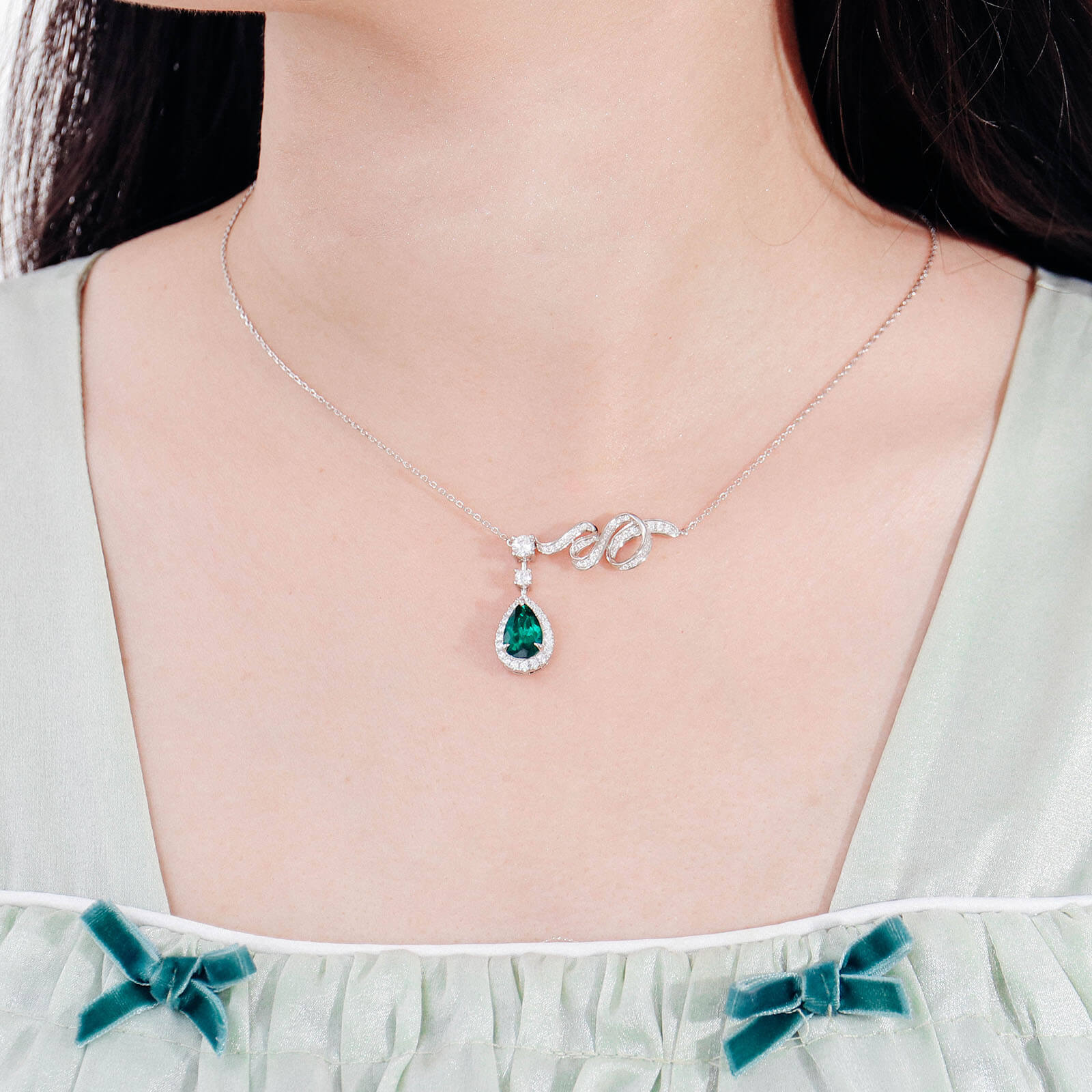 Ribbon Pear Lab Created Emerald Necklace in Sterling Silver model