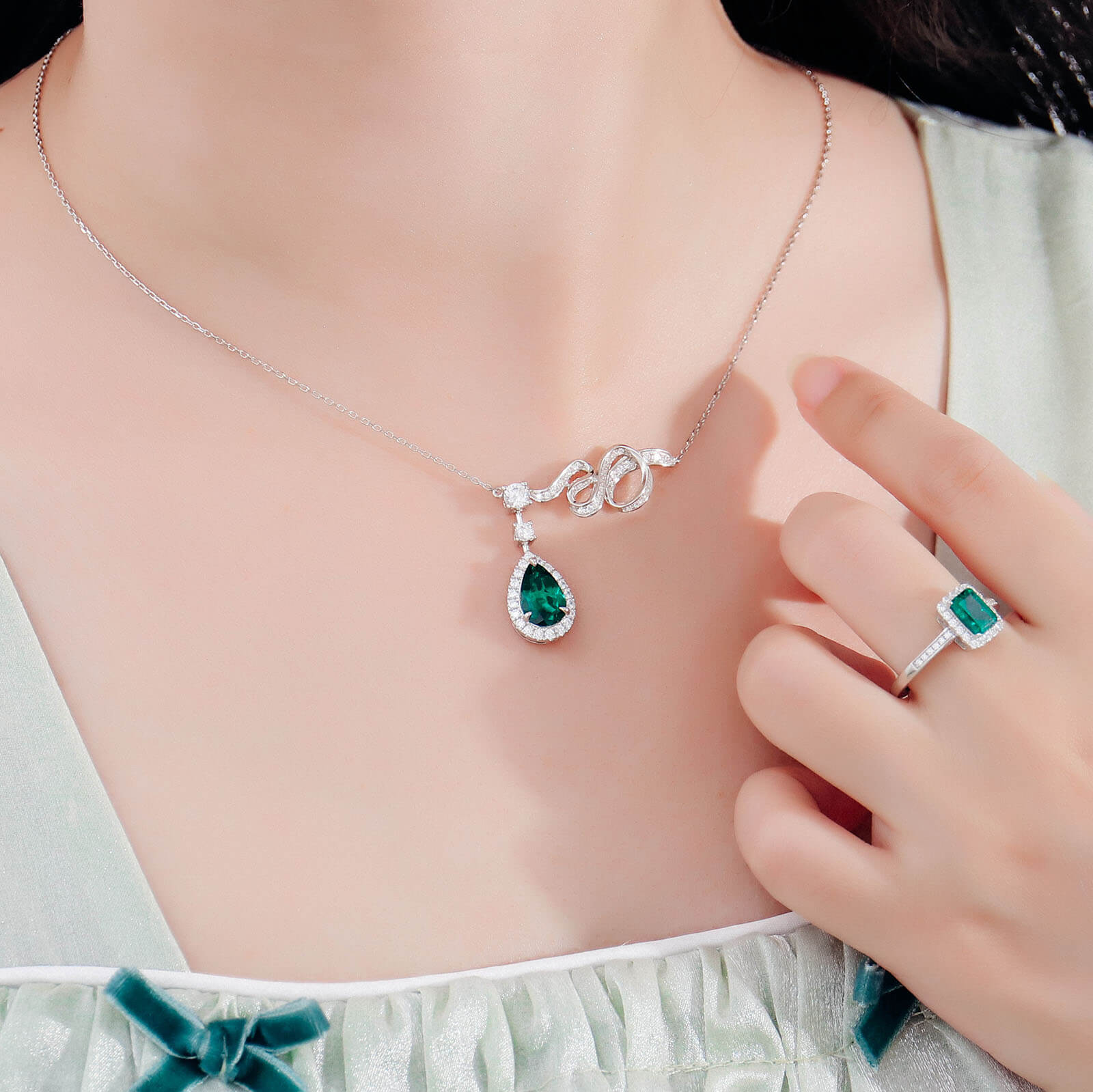 Ribbon Pear Lab Created Emerald Necklace in Sterling Silver model