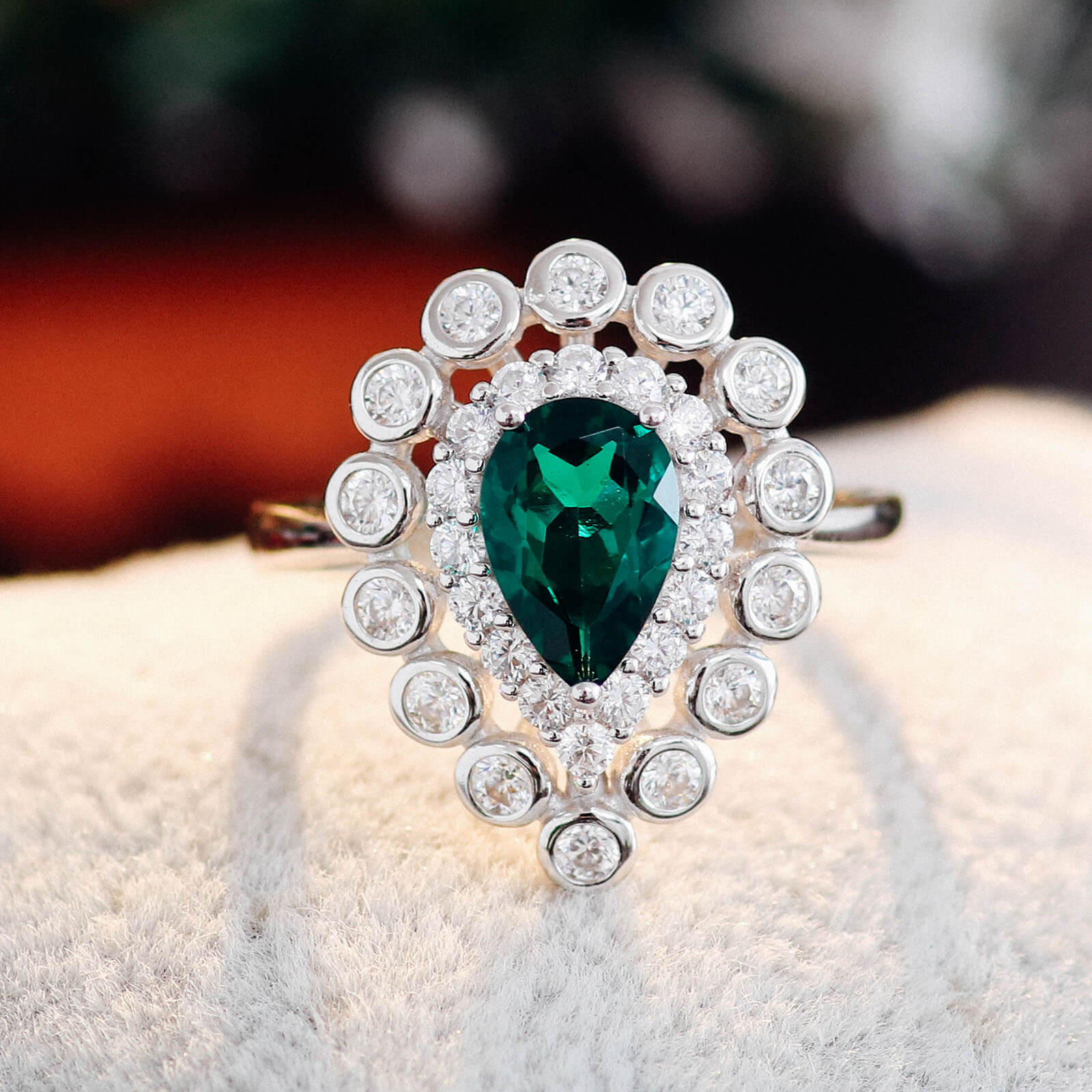 Lace Pear Lab Create Emerald Ring in Sterling Silver front