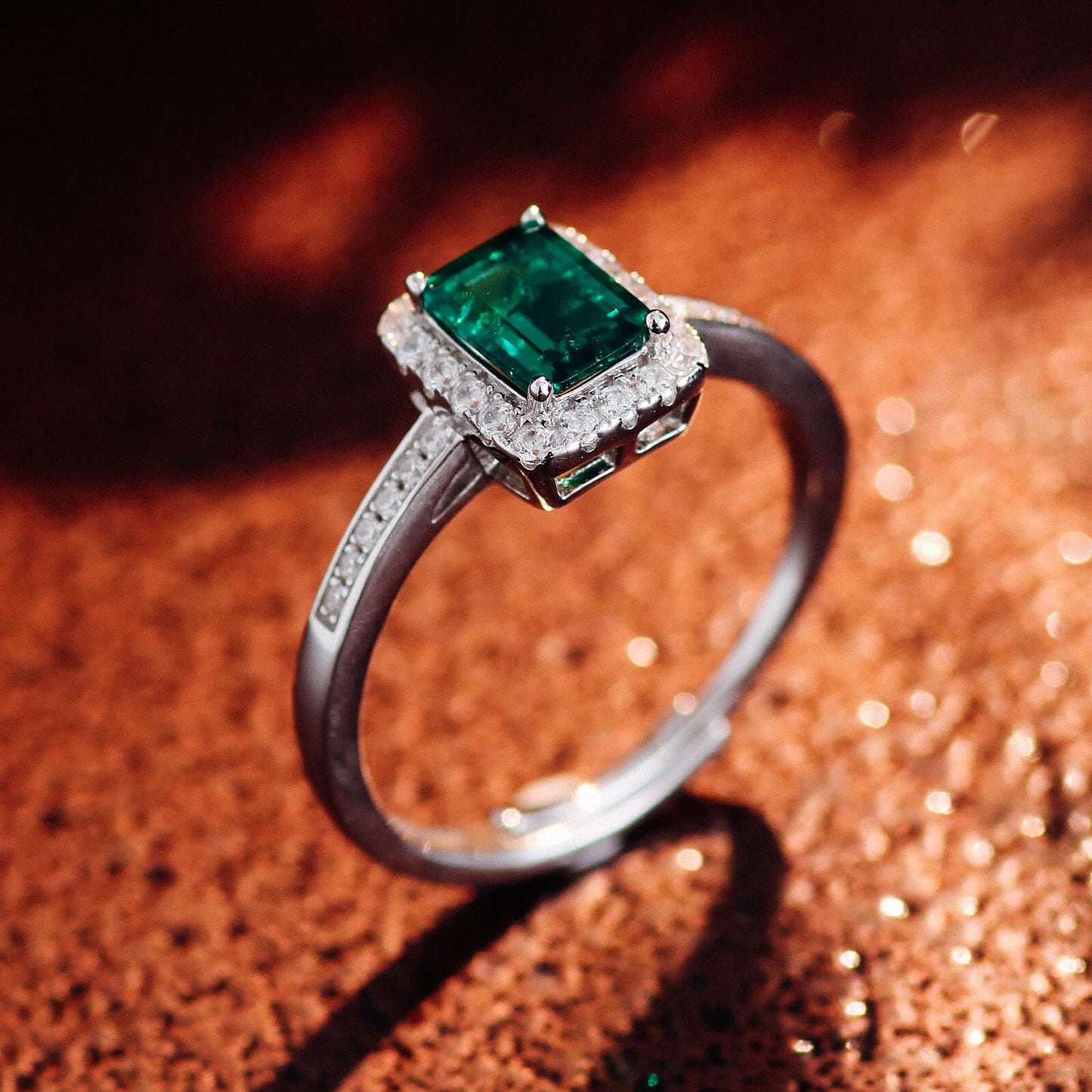 Classic Lab Created Emerald Halo Ring in Sterling Silver side