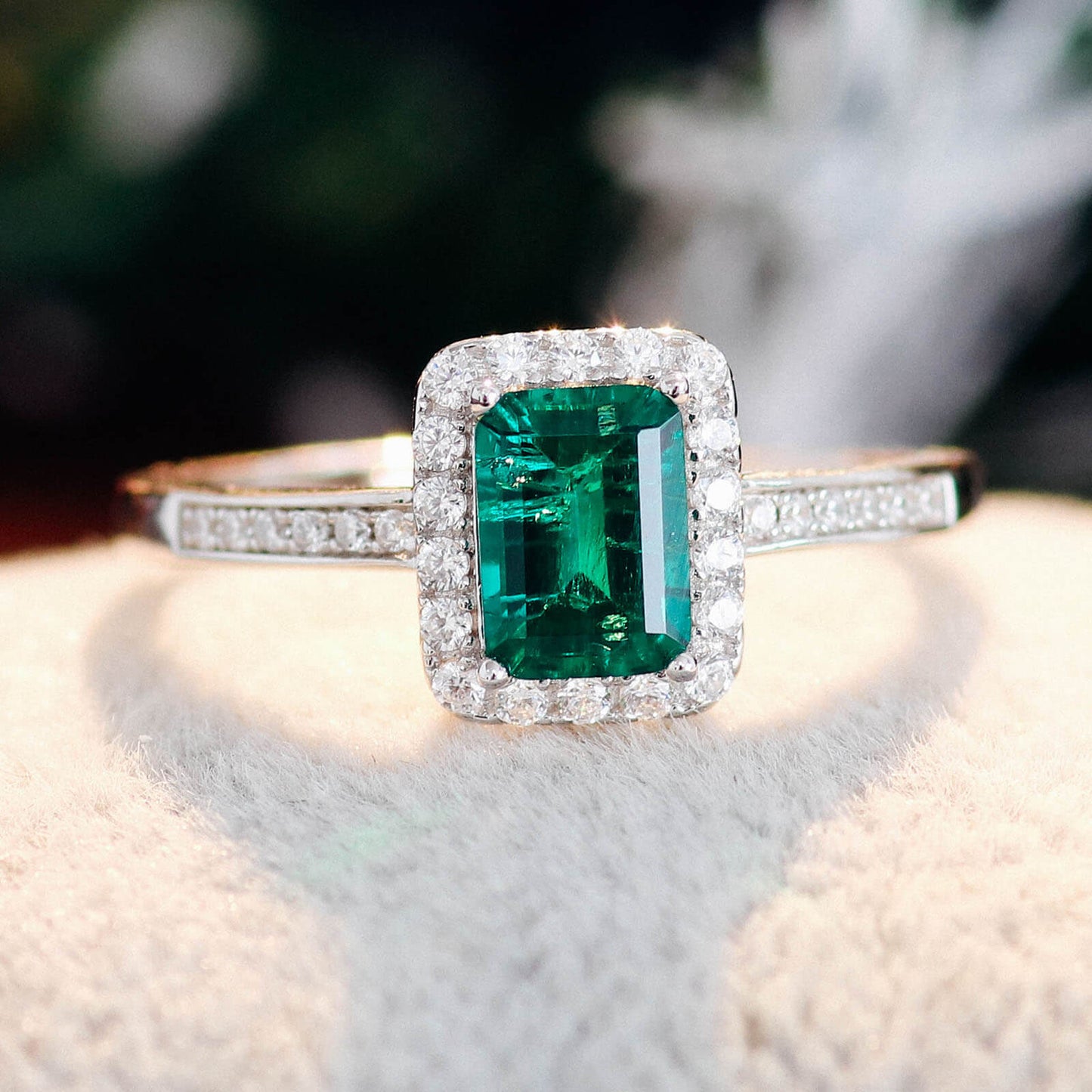 Classic Lab Created Emerald Halo Ring in Sterling Silver front