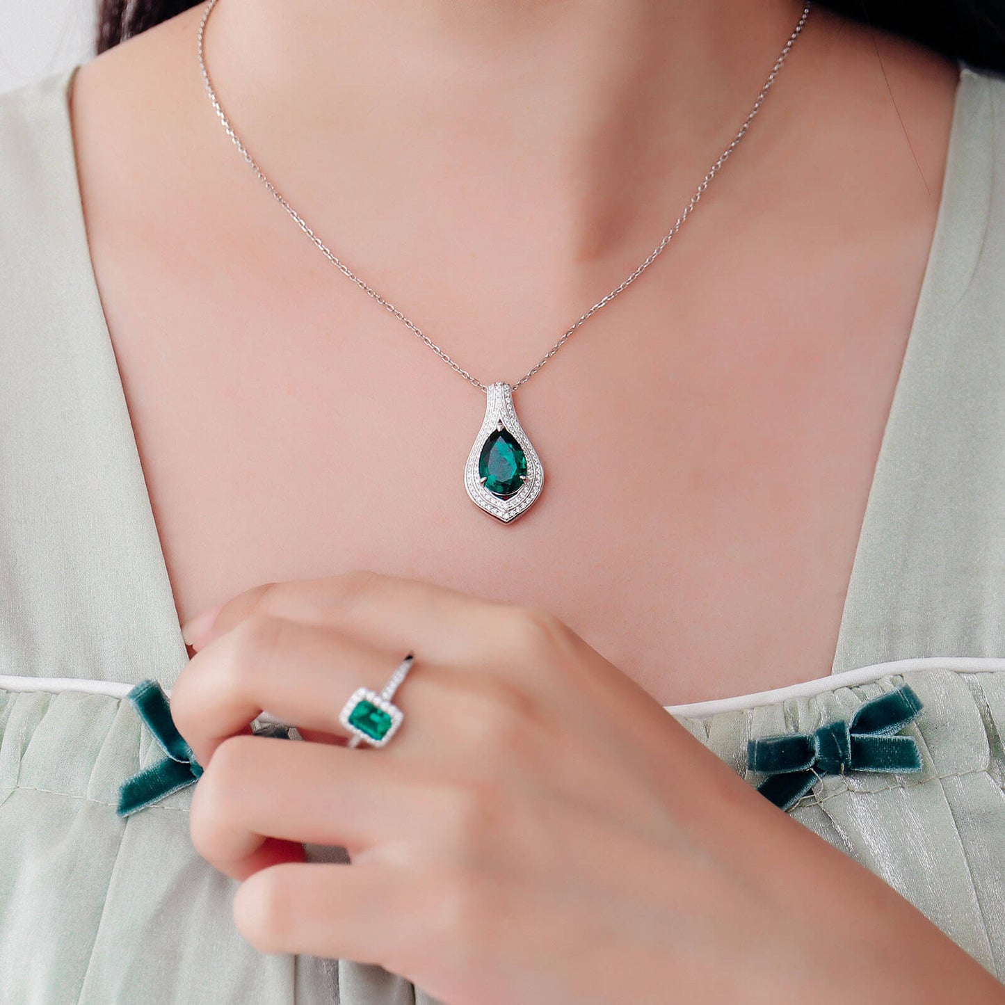 Luxury Pear Lab Created Emerald Necklace in Sterling Silver model