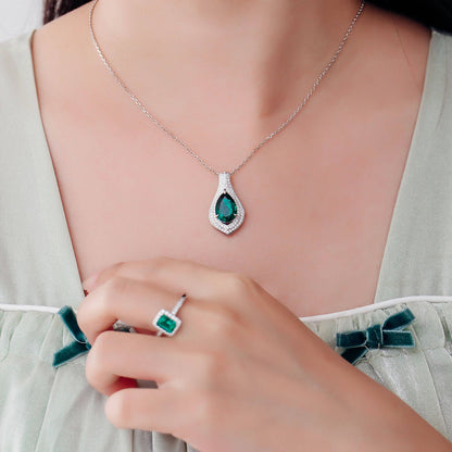 Luxury Pear Lab Created Emerald Necklace in Sterling Silver model