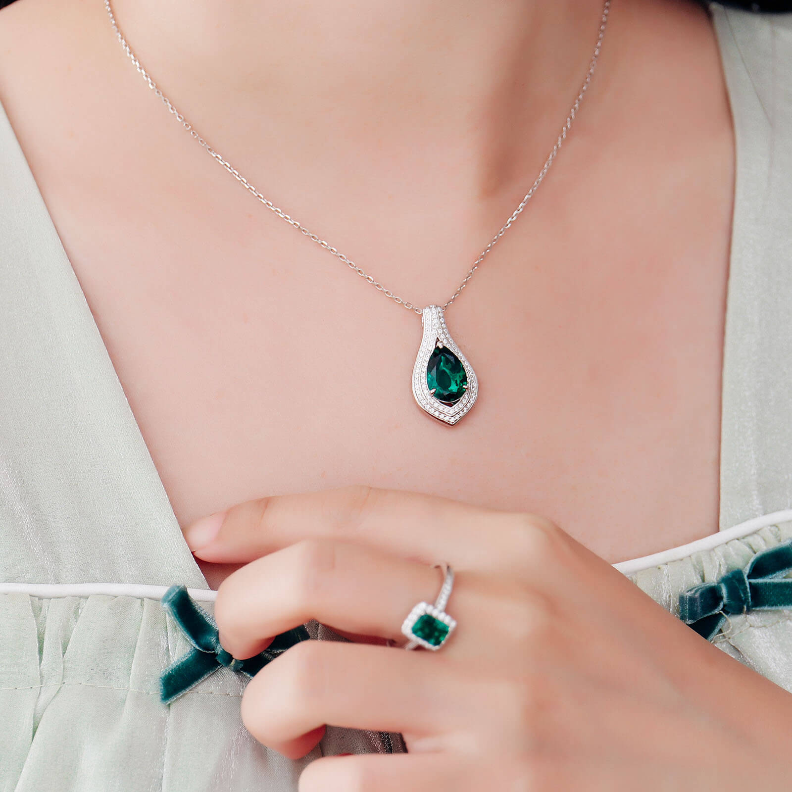 Luxury Pear Lab Created Emerald Necklace in Sterling Silver model