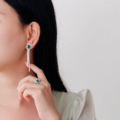 Bow-knot Tassel Lab Created Emerald Earrings in Sterling Silver model