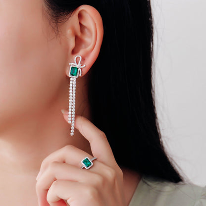 Bow-knot Tassel Lab Created Emerald Earrings in Sterling Silver model