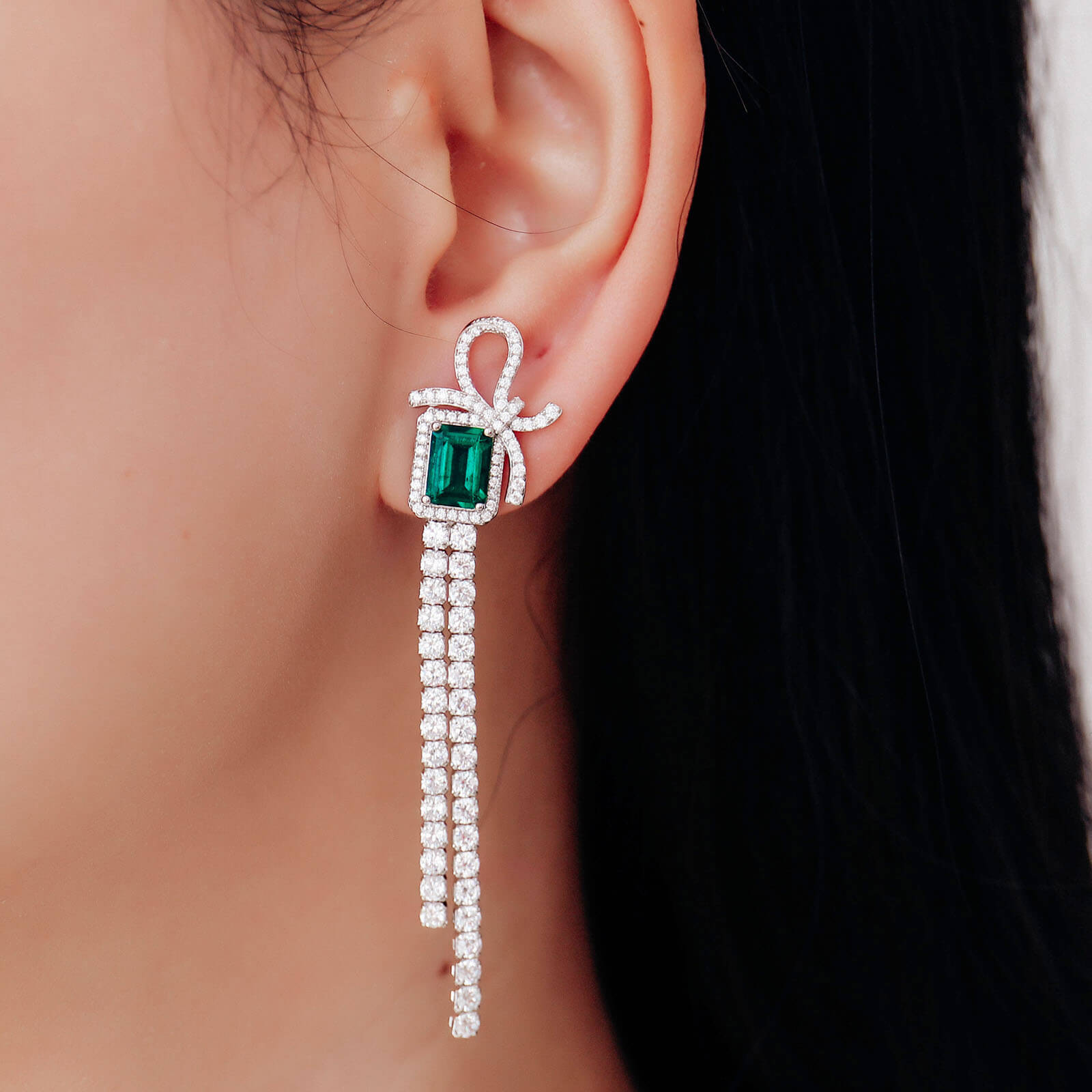 Bow-knot Tassel Lab Created Emerald Earrings in Sterling Silver model