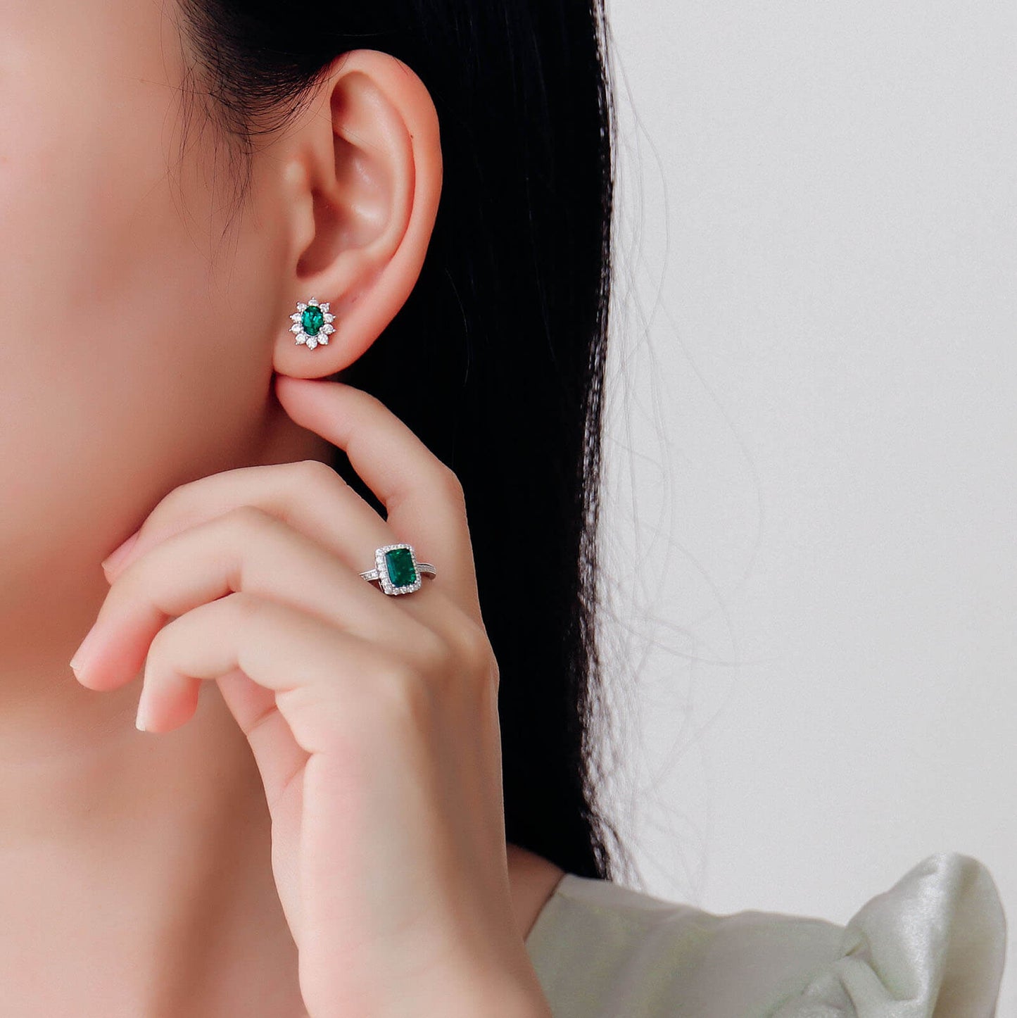 Oval Flower Lab Created Emerald Earrings in Sterling Silver model