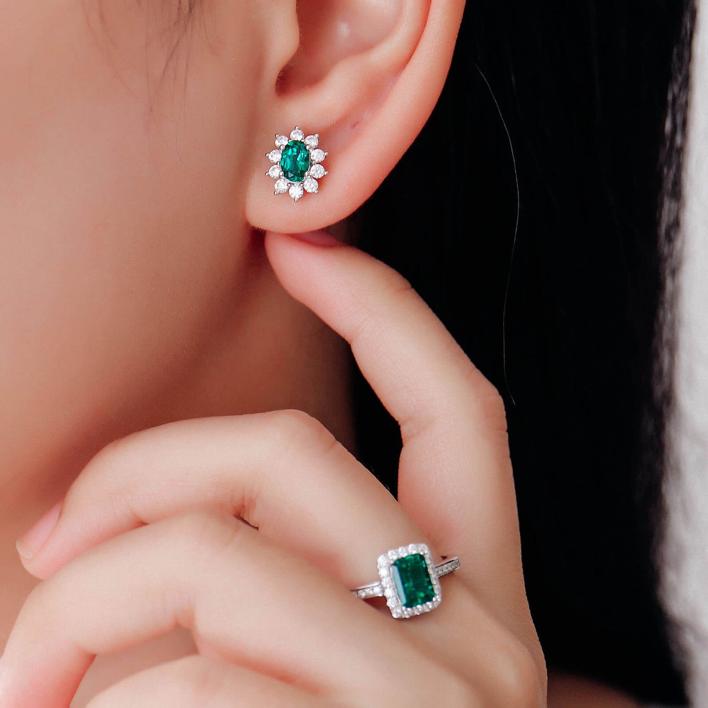 Oval Flower Lab Created Emerald Earrings in Sterling Silver model