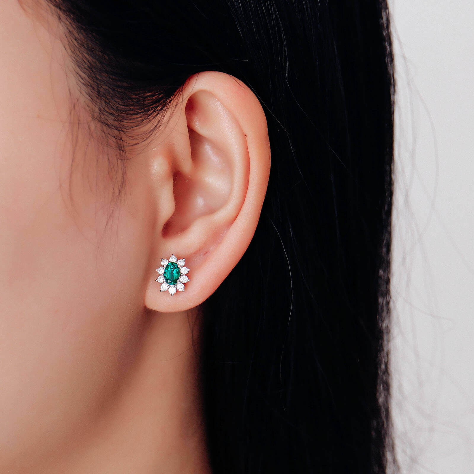 Oval Flower Lab Created Emerald Earrings in Sterling Silver model