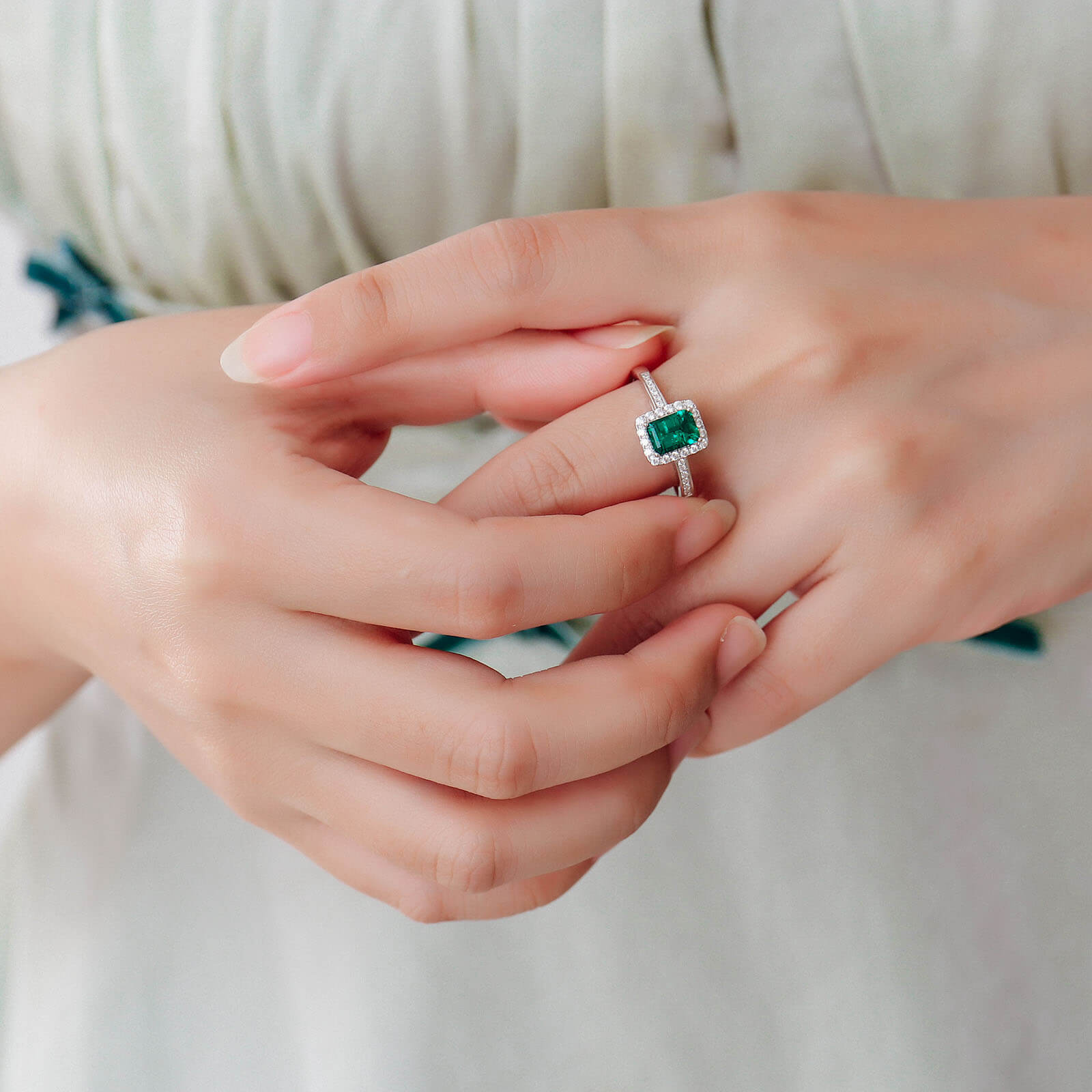 Classic Lab Created Emerald Halo Ring in Sterling Silver model