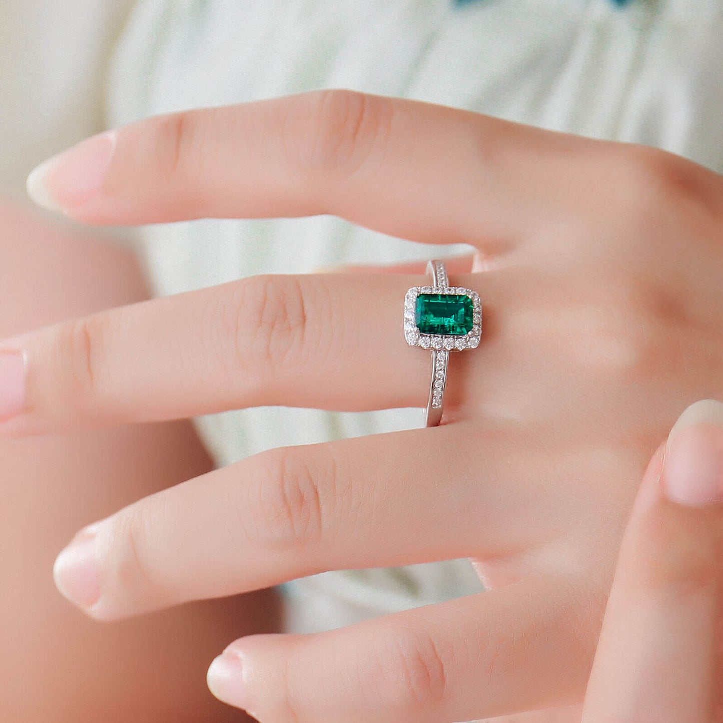 Classic Lab Created Emerald Halo Ring in Sterling Silver model