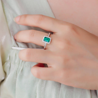 Classic Lab Created Emerald Halo Ring in Sterling Silver model