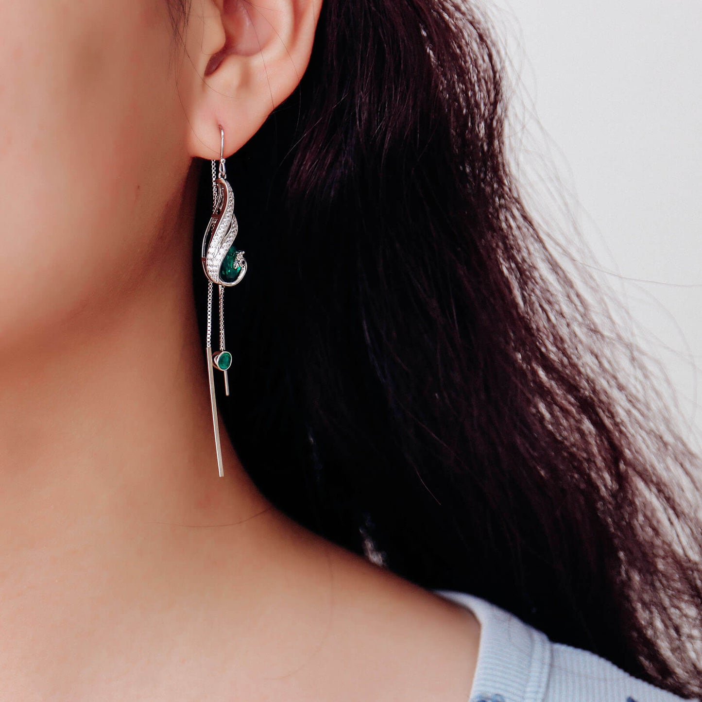 Peacock Tassel Lab Created Emerald Earrings in Sterling Silver model