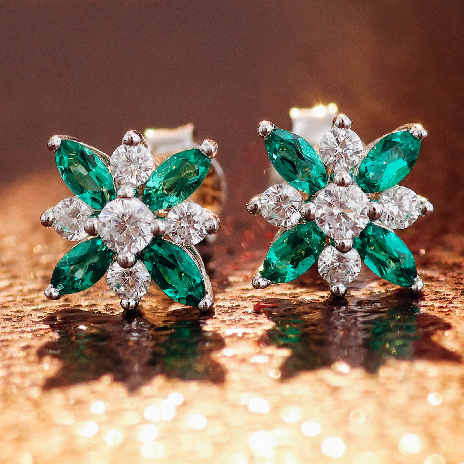 Classic Flower Lab Created Emerald Earrings in Sterling Silver 