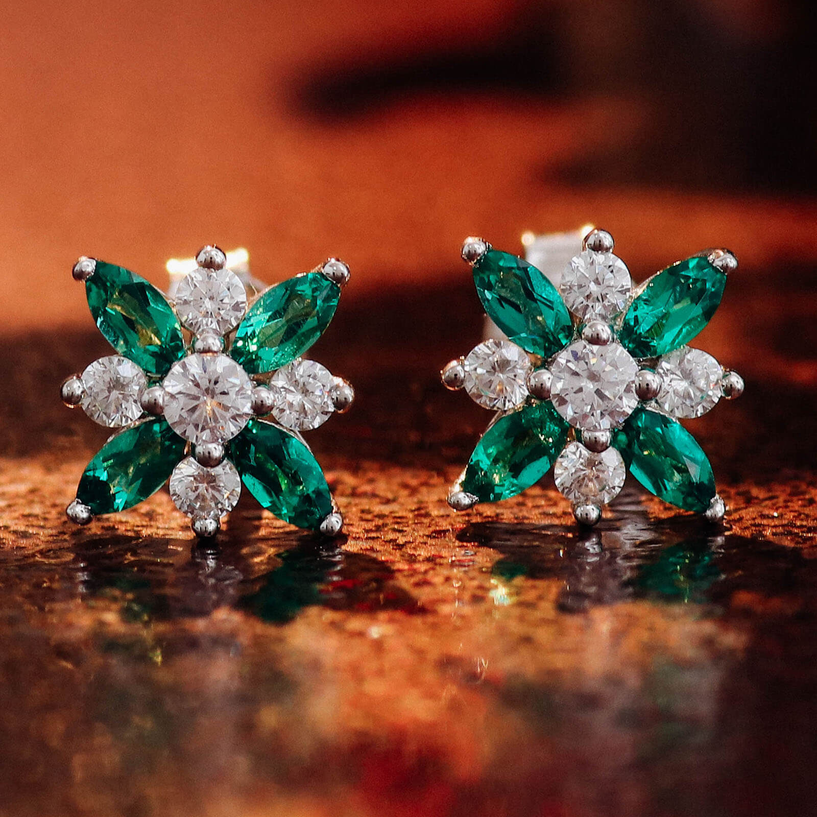 Classic Flower Lab Created Emerald Earrings in Sterling Silver front