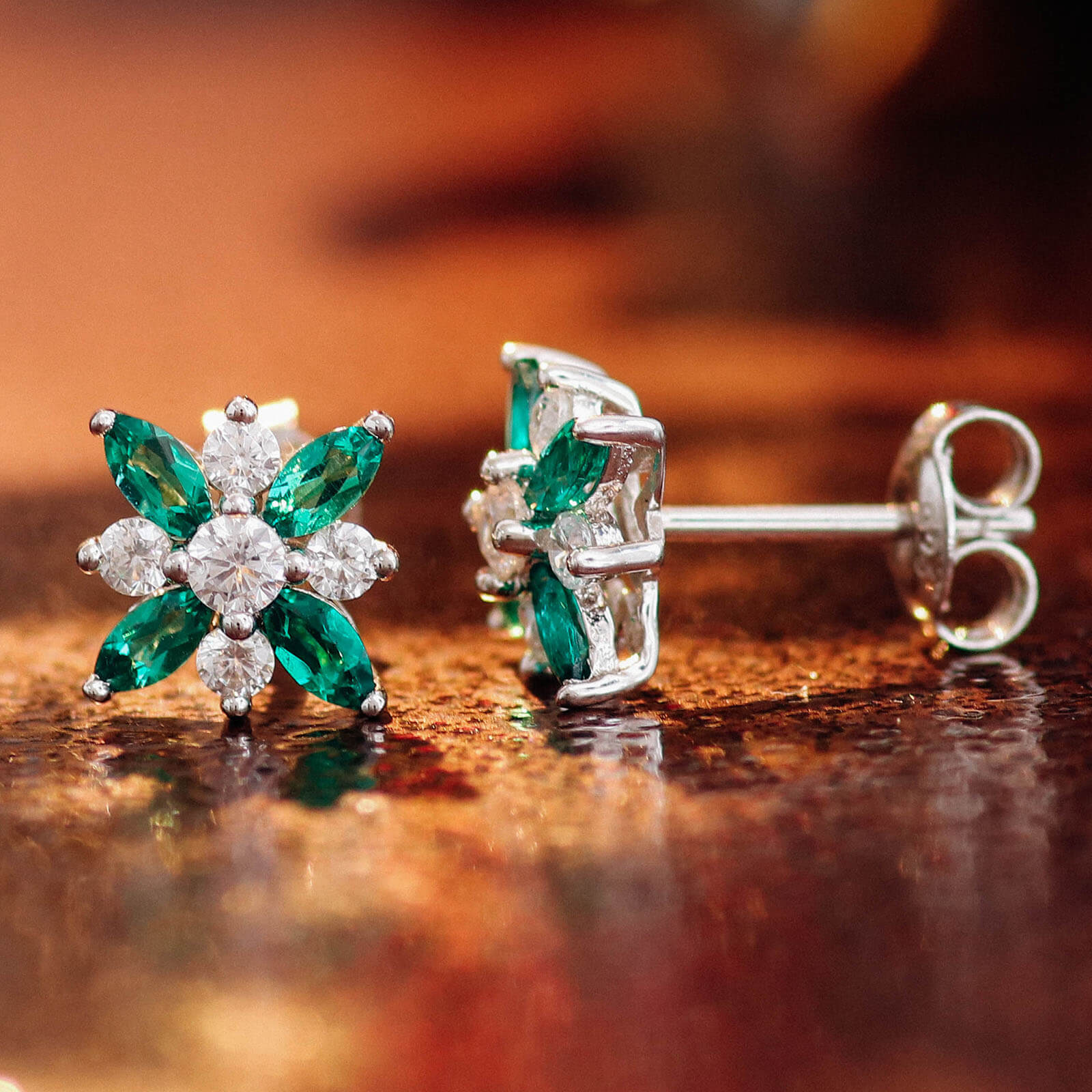 Classic Flower Lab Created Emerald Earrings in Sterling Silver front and side