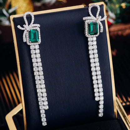 Bow-knot Tassel Lab Created Emerald Earrings in Sterling Silver 