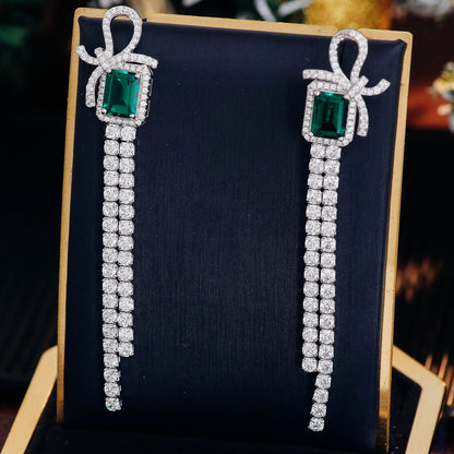 FEELIVE Bow-knot Tassel Lab Created Emerald Silver Earrings (2.6 ct Emerald Moissanite)